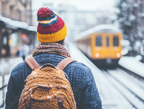 Winter train station. Person waiting for a train