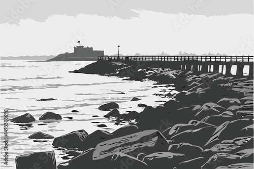 cinematic, dramatic, moody, black and white, long exposure, rocky coastline, partially submerged jetty, offshore fortress, coastal defense structure, gloomy overcast sky, atmospheric, peaceful, ser