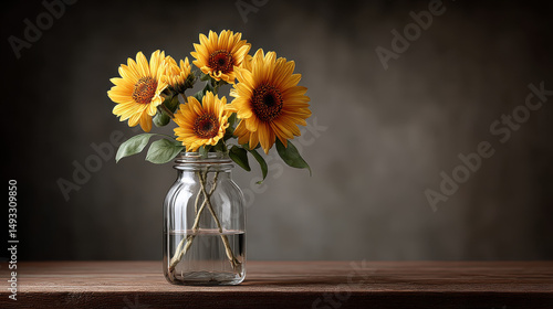 A vintage glass jar filled with sunflowers and placed on a wooden shelf, creating a charming country-style arrangement for a rustic home