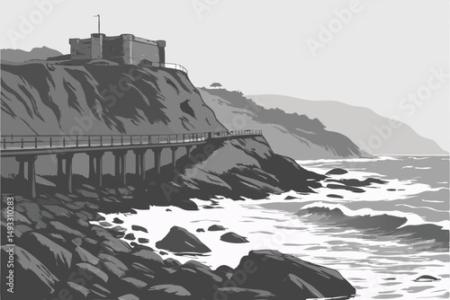  cinematic, dramatic, moody, black and white, long exposure, rocky coastline, partially submerged jetty, offshore fortress, coastal defense structure, gloomy overcast sky, atmospheric, peaceful, ser