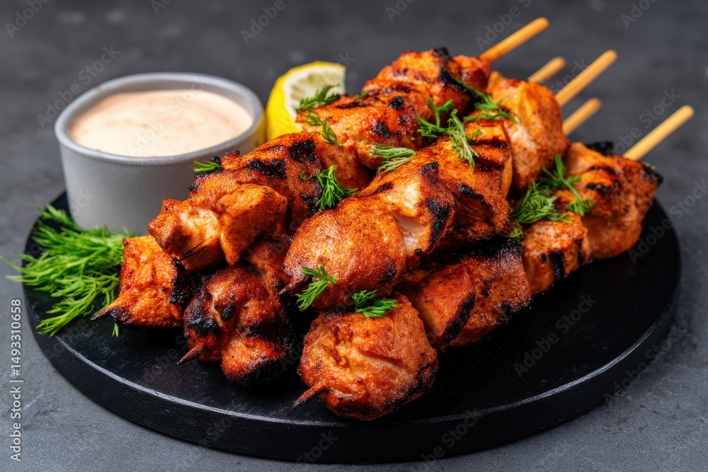 Fototapeta premium Gluten free homemade food colorful. Homemade Gluten-Free Chicken Tikka Skewers Served with Lemon and Sauce on Dark Plate