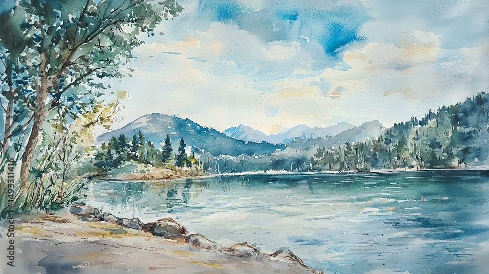 Naklejka premium A painting of a lake with mountains in the background