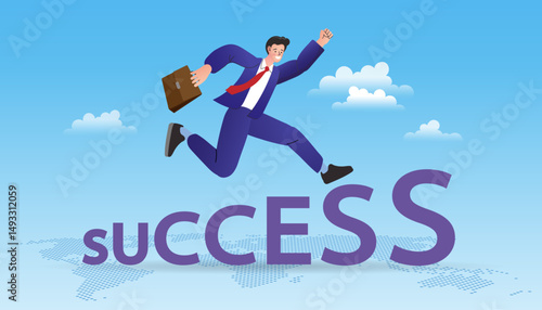 Business success concept. A confident businessman with a briefcase takes a big leap over the word 'success'. Vector for achievement, motivation, and career growth.