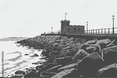  cinematic, dramatic, moody, black and white, long exposure, rocky coastline, partially submerged jetty, offshore fortress, coastal defense structure, gloomy overcast sky, atmospheric, peaceful, ser