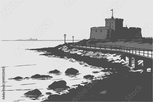  cinematic, dramatic, moody, black and white, long exposure, rocky coastline, partially submerged jetty, offshore fortress, coastal defense structure, gloomy overcast sky, atmospheric, peaceful, ser