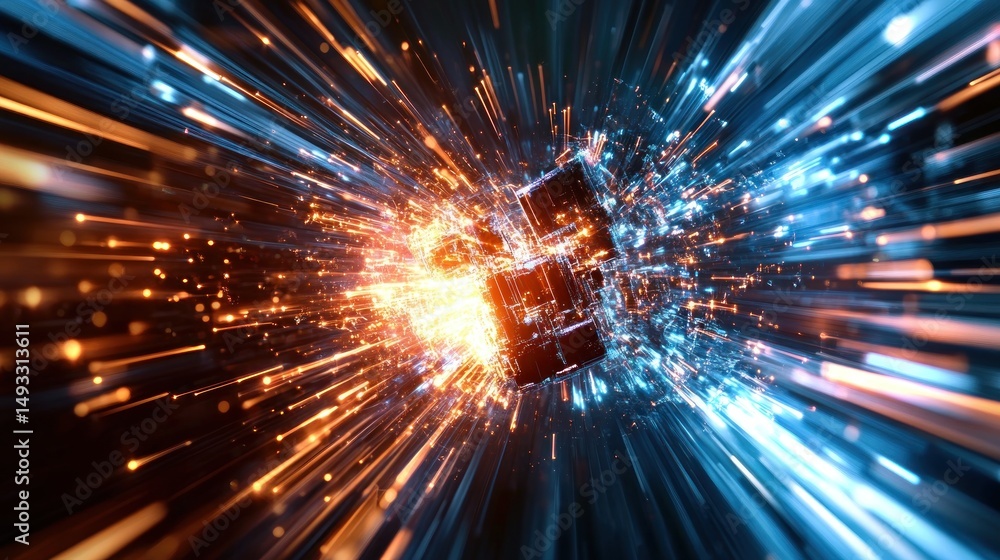 Fototapeta premium Abstract digital cube exploding in a burst of light