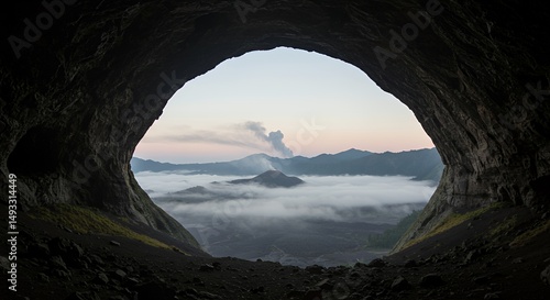 Cave Opening View of Mountain Volcano and Fog