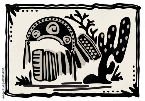 Cangaceiro hat, accordion and cacti. Brazilian cordel style woodcut illustration.