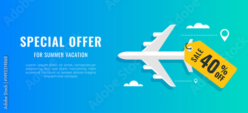 Vector illustration of an airplane with a yellow sale tag offering SALE 40 OFF. Summer vacations. Reservations and discounts on tickets. Flat design featuring a flight promotion concept with blue sky