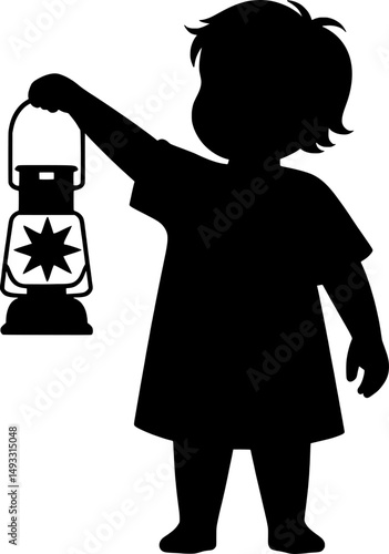 A bold black silhouette of a child raising a lantern serves as a symbol of hope in the fight against child labor, making it perfect for designs aimed at advocacy and awareness
