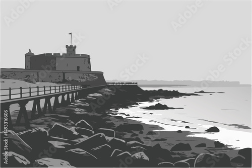  cinematic, dramatic, moody, black and white, long exposure, rocky coastline, partially submerged jetty, offshore fortress, coastal defense structure, gloomy overcast sky, atmospheric, peaceful, ser