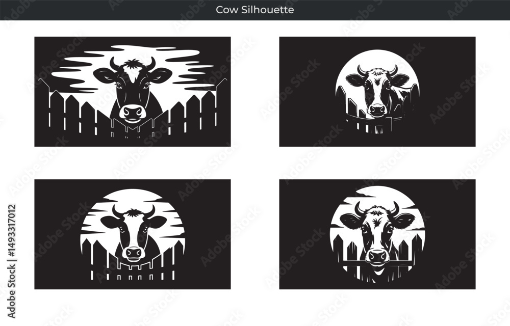 Fototapeta premium Black and white cow silhouettes in various vector designs for agricultural imagery