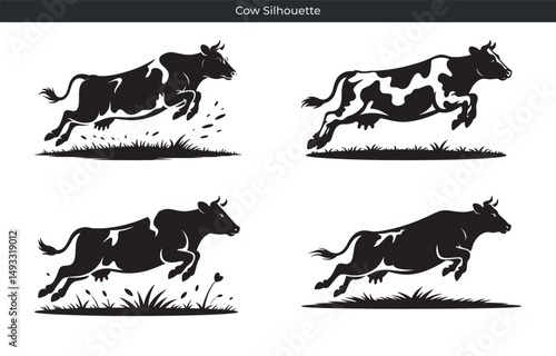 Jumping cow silhouette set featuring black and white illustrations of farm animals in motion