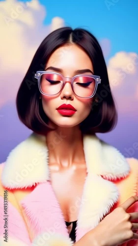 Wallpaper Mural Young woman in colorful glasses poses confidently against a vibrant sky backdrop, showcasing fashion Torontodigital.ca