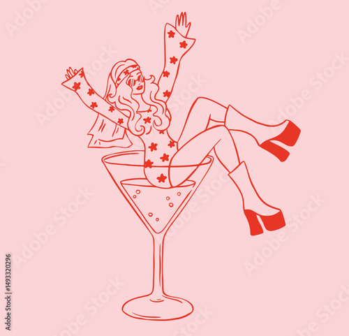 Hippie retro girl in martini glass celebration icon. Retro boots.