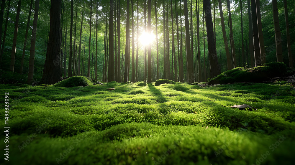 Obraz premium Sunlit Forest Path with Lush Green Moss