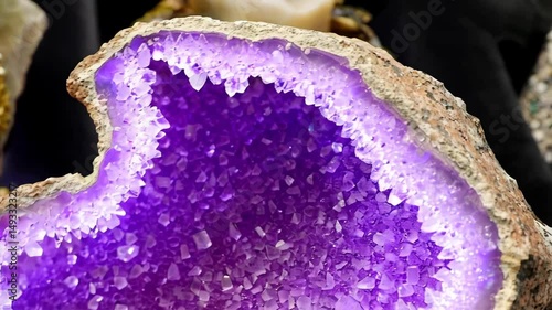 Detailed close-up of a bright purple amethyst geode with crystalline formations inside rough textured rock, displaying luxury jewelry pieces in soft light.