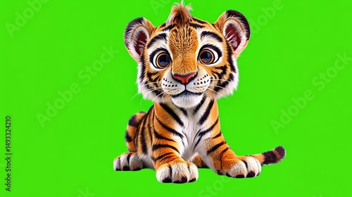 Cute Tiger 3D Render Isolated On Green Screen