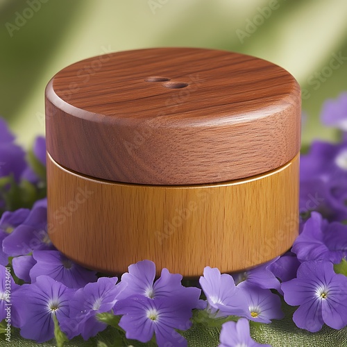 Elegant Wooden Container with Lid Among Purple Flowers Beautiful Natural Craftsmanship