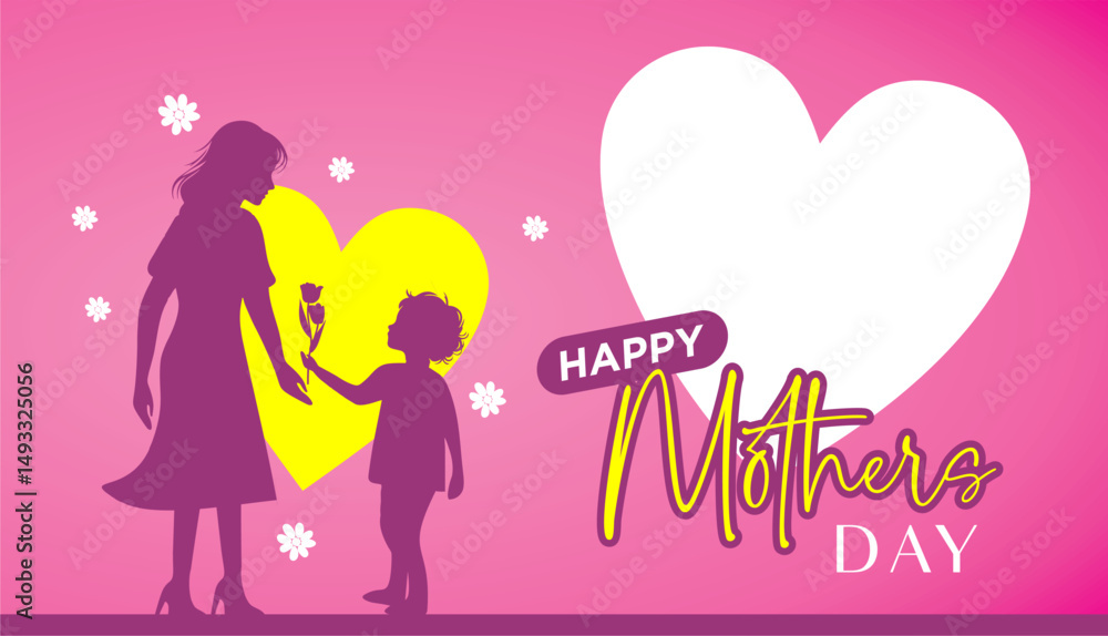 Template banner on a pink background and Transparent Love with floral ornament and hearts. Mother's day vector illustration Template. a boy gives flowers to his mother. Happy Mother's Day. Template banner on a pink background and Transparent Love with floral ornament and hearts. Mother's day vector illustration Template. a boy gives flowers to his mother. Happy Mother's Day.