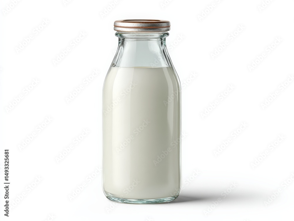 Glass bottle of milk with a metal cap against a white background. Glass bottle of milk with a metal cap against a white background.