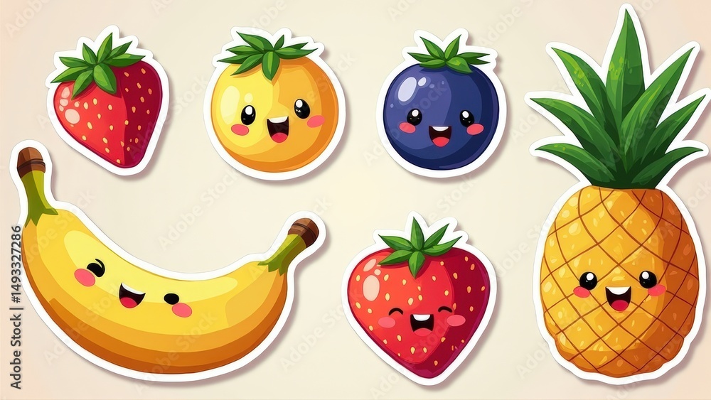 Set of cute fruit characters including banana, strawberry, blueberry, and pineapple Set of cute fruit characters including banana, strawberry, blueberry, and pineapple