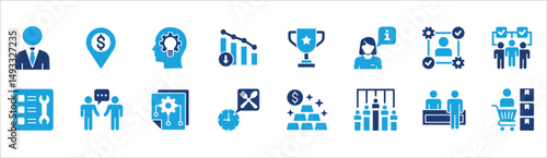 Business company management icon set. Contains symbol of businessman, target, finance, lunchtime, success, hierarchy, data, reward, work, money, employee, task, shop, meeting, job. Vector illustration