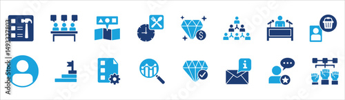 Business company management icon set. Contains symbol of businessman, target, finance, lunchtime, success, hierarchy, data, reward, work, money, employee, task, shop, meeting, job. Vector illustration