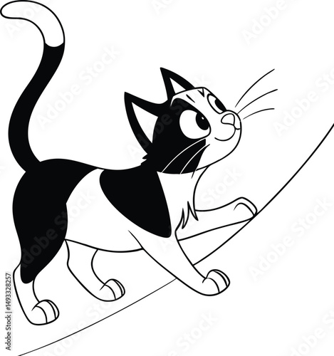 A cute black and white cartoon cat, a feline animal, playfully eyes a tiny mouse, an illustration of a classic pet chase