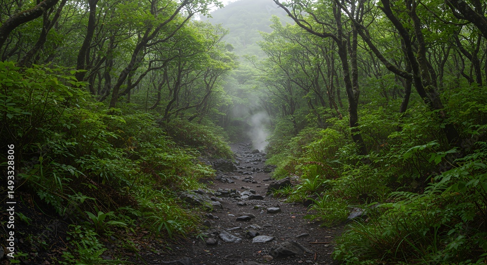 Obraz premium Forest Trail Through Green Trees and Fog