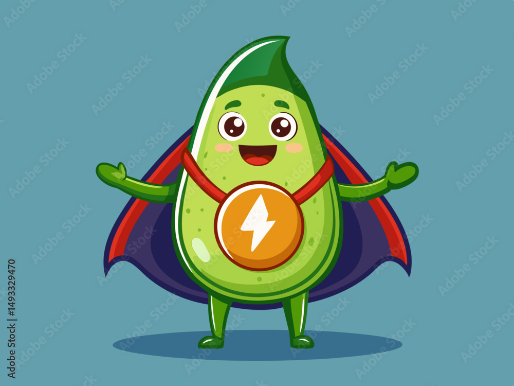 Fototapeta premium Superhero Avocado Cartoon Character with Energy Medal