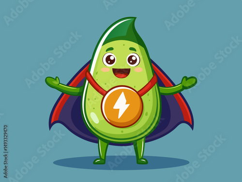 Superhero Avocado Cartoon Character with Energy Medal