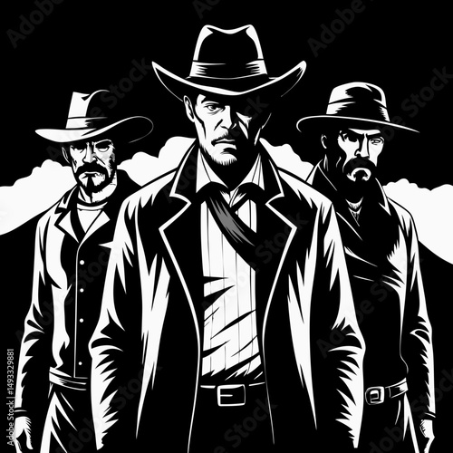 Three Tough Western Gunmen in Black and White Illustration