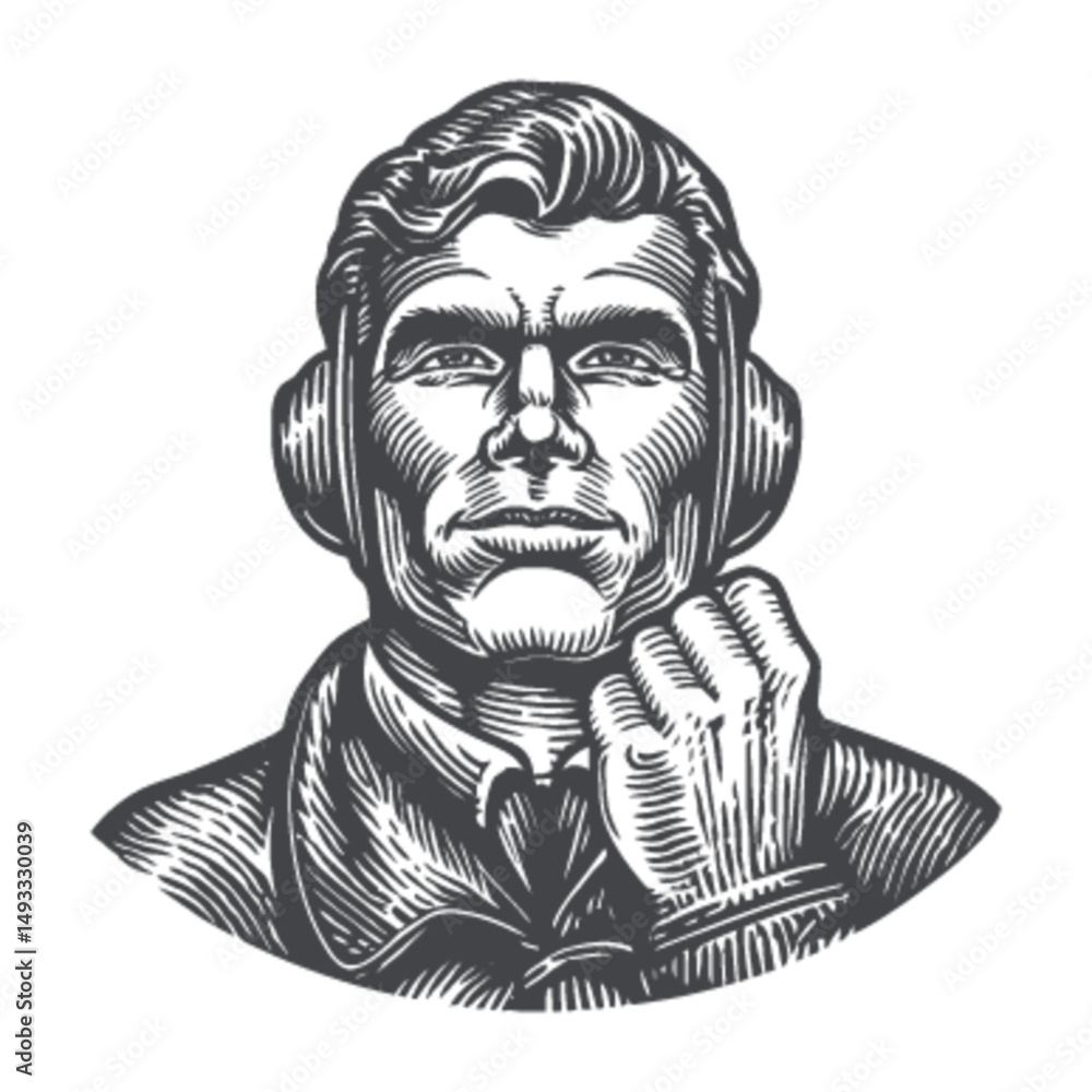 Fototapeta premium Vintage Engraving of a Confident Man with Headphones Illustration