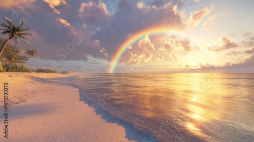 Serene tropical beach at sunset with rainbow