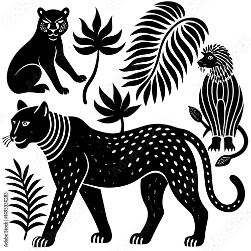 Black and White Stylized Jungle Cats and Tropical Plants Illustration