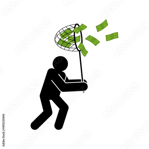 Man catches money with Butterfly net . Concept of catching money. Getting rich and increasing finances.