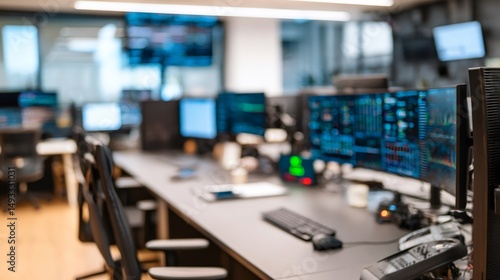 Network operations center with multiple computer screens showing technical data visualizations