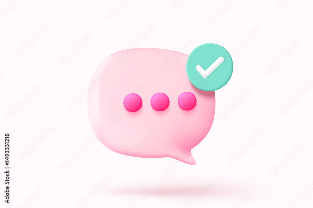 3D vector speech bubble with tick mark for photo gallery platform, online social conversation comment concept, emoji message, speech icons, chat with social media. 3d speak render vector illustration 3D vector speech bubble with tick mark for photo gallery platform, online social conversation comment concept, emoji message, speech icons, chat with social media. 3d speak render vector illustration