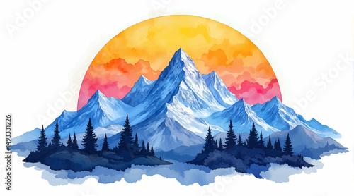 Watercolor mountain landscape with vibrant sunset in the background  