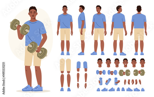 Sporty man wearing fitness clothes holding dumbbells. Character constructor for animation. Front, side and back view set. Body parts, postures, poses collection. Vector illustration.
