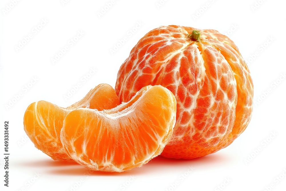 Close-up of a peeled mandarin orange with segments, vibrant and juicy. Close-up of a peeled mandarin orange with segments, vibrant and juicy.