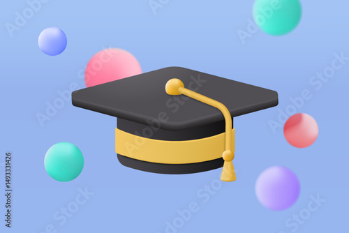3D graduation of university, college for student concept. graduation hat and diploma cartoon style with bubble background. 3d vector education diploma for student study success render illustration