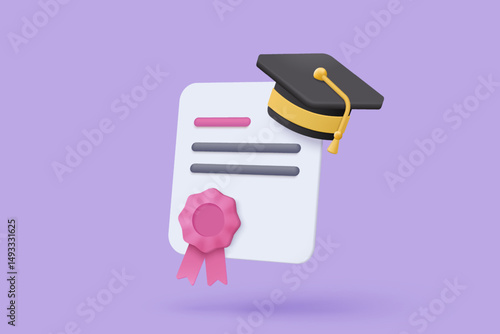 3D graduation of university, college for student concept. graduation hat and diploma cartoon style with clipboard check list. 3d vector education diploma for student study success render illustration