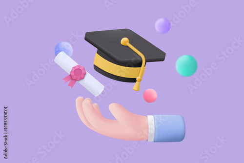 3D graduation of university, college for student concept. graduation hat and diploma cartoon style with bubble background. 3d vector education diploma for student study success render illustration