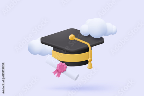 3D graduation of university, college for student concept. graduation hat and diploma cartoon style with sky cloud background. 3d vector education diploma for student study success render illustration