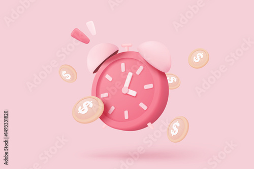3d alarm clock with Investing money to grow in time concept. Business investments earnings and financial savings, fast money, quick loan. 3d time illustration vector rendering in pink background