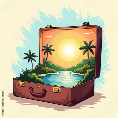 Tropical landscape with palm trees inside a suitcase illustration  