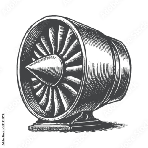 Vintage Engraving of a Jet Engine Turbine in Fine Detail