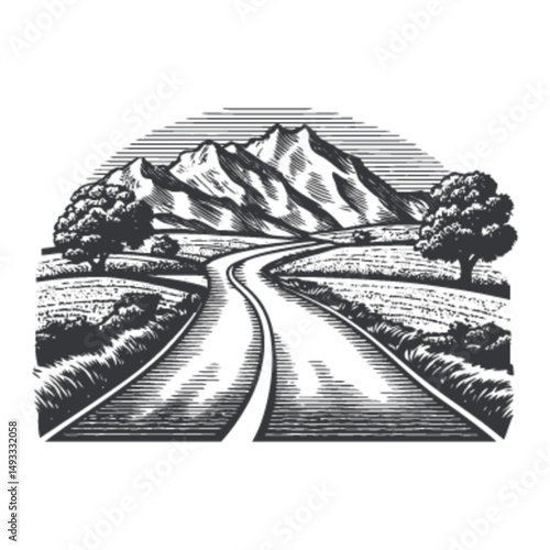 Scenic Road Through Mountains in Vintage Engraving Style Illustration